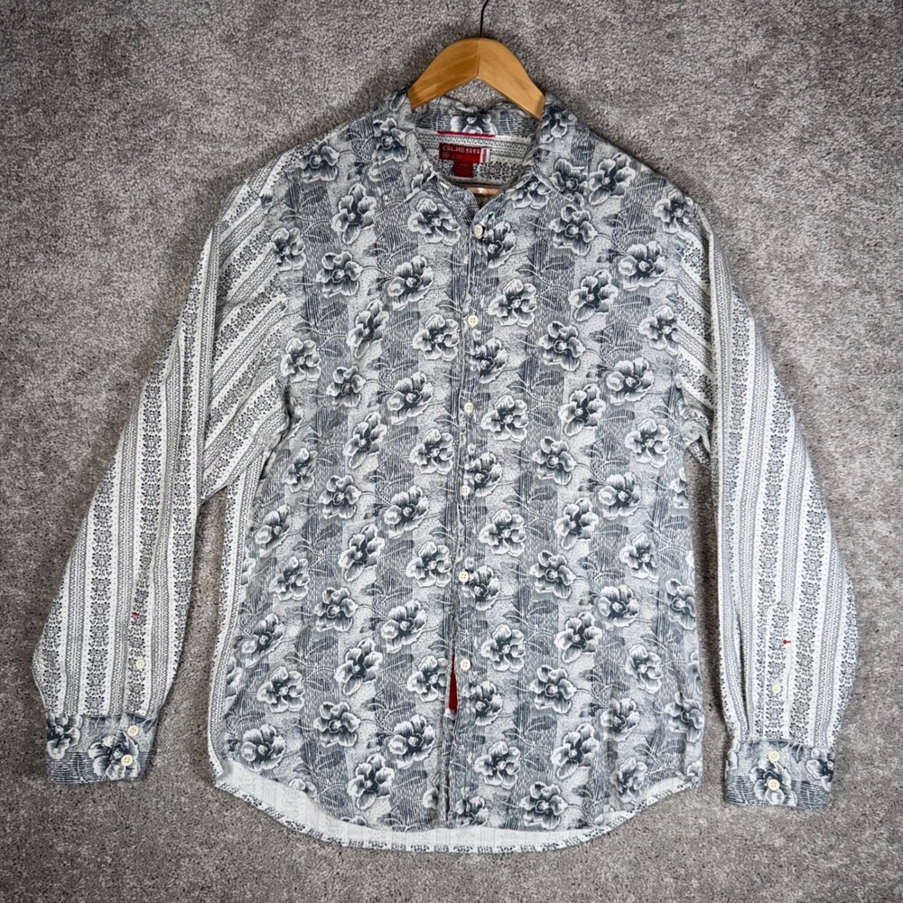 VTG GUESS Men's M Long Sleeve Button Up Shirt Floral Print Grey White Casual